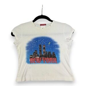 Vintage Y2K Jordache Baby Tee Womens 7/8 White New York City Skyline Graphic 90s